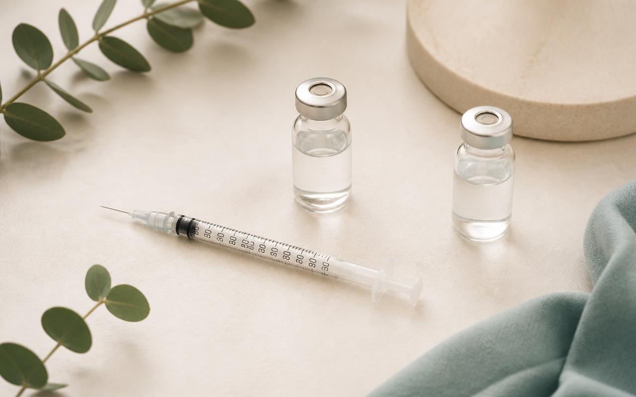 An insulin syringe with unit markings beside a peptide vial and a vial of bacteriostatic water