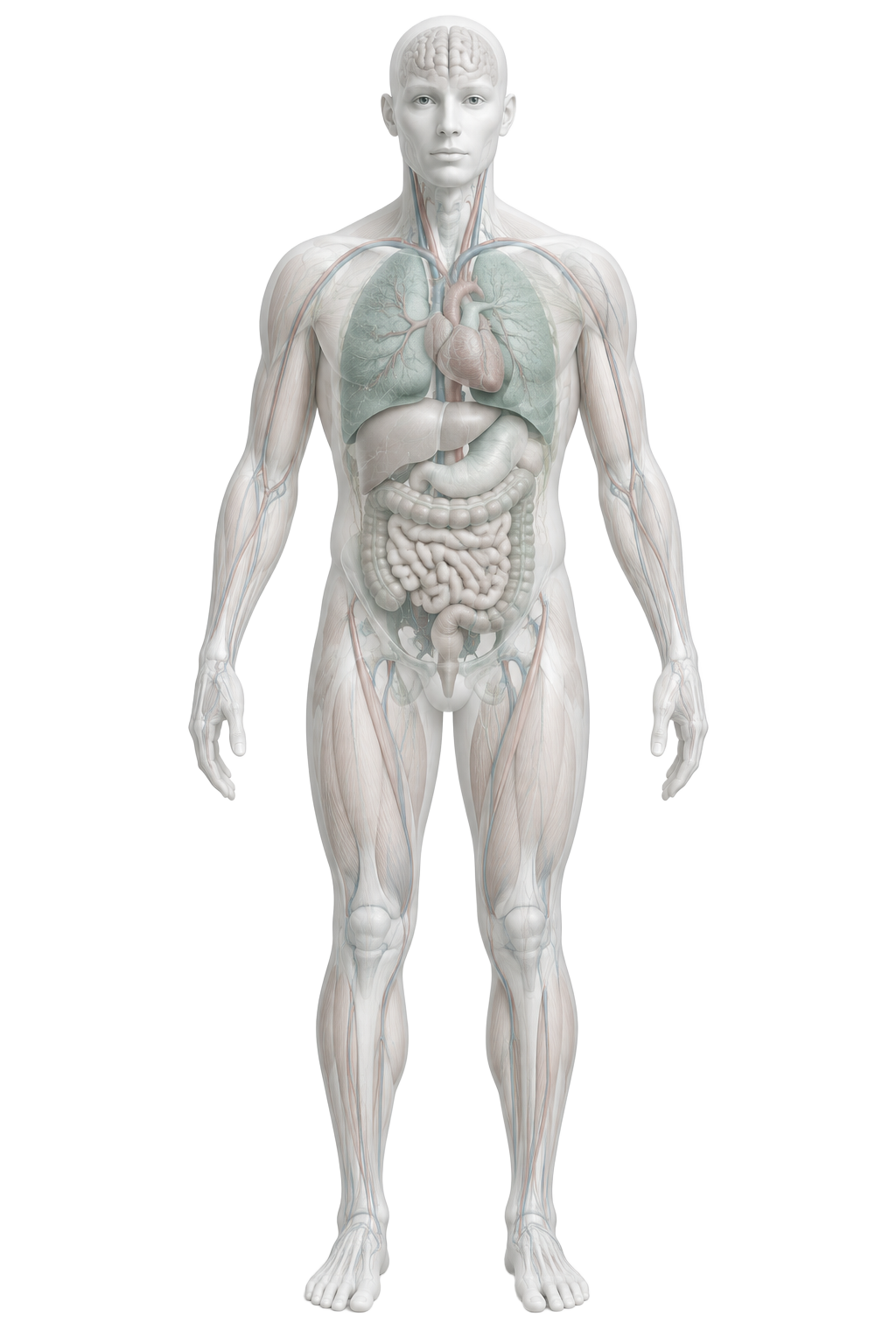 Front-view anatomical illustration of an adult human, showing the brain, heart, digestive tract and muscles