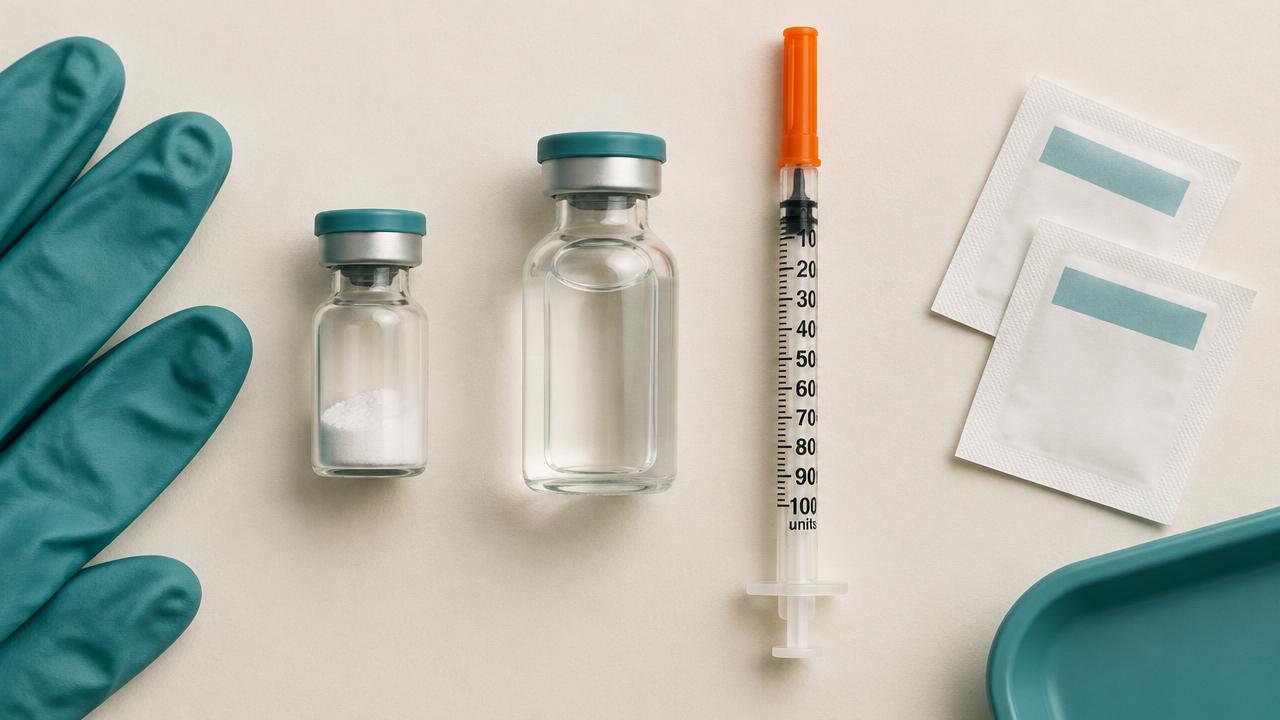 Peptide vial, bacteriostatic water, insulin syringe and alcohol pads laid out on a clean surface